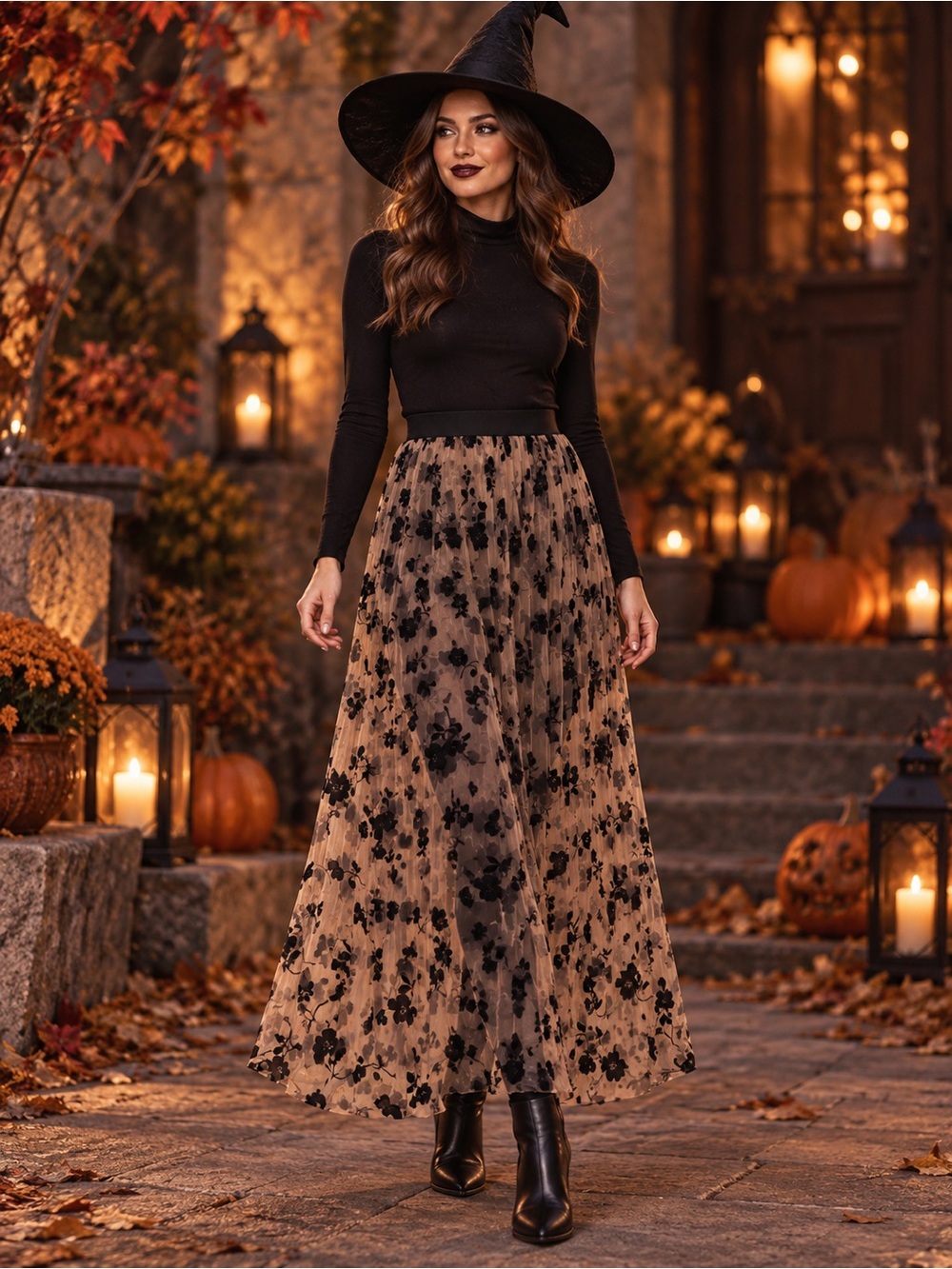 Sheer Beige & Black Floral Mesh Maxi Skirt Gothic Halloween